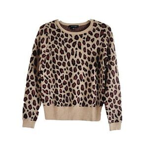 Ann Taylor Leopard Print Wool Blend Sweater Brown Crew Neck Pullover Size Small